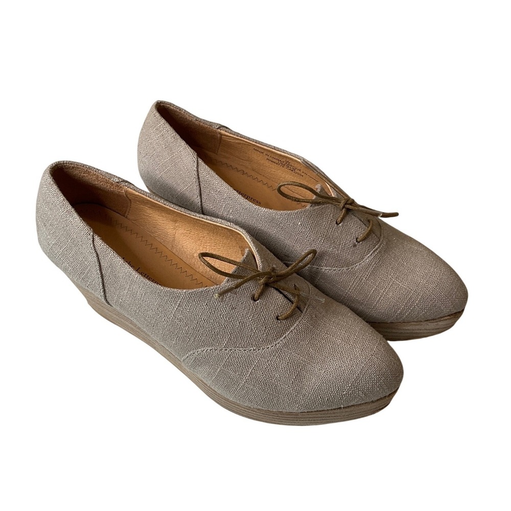 Pilcro Wooden Platform Wedge‎ Oxford Linen Slip On Closed Toe Shoe Lace Academia